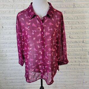 Attention Womens Top 1X Plus 3/4 Sleeve Purple Floral Lightweight Sheer FLO4E